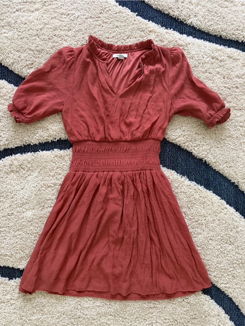 Nine West Rust Red Smocked Waist Short Sleeve Dress